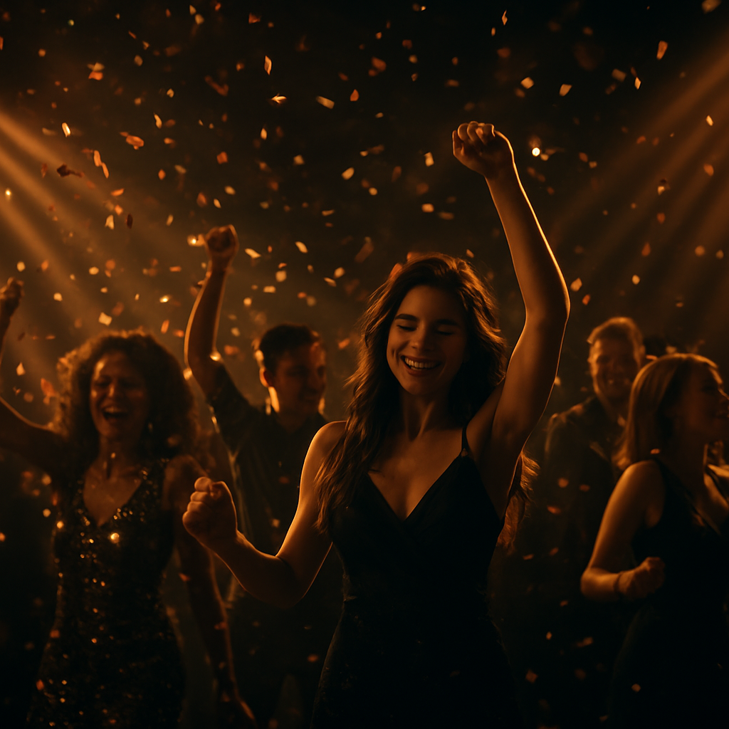 Guests celebrating under dramatic event lighting